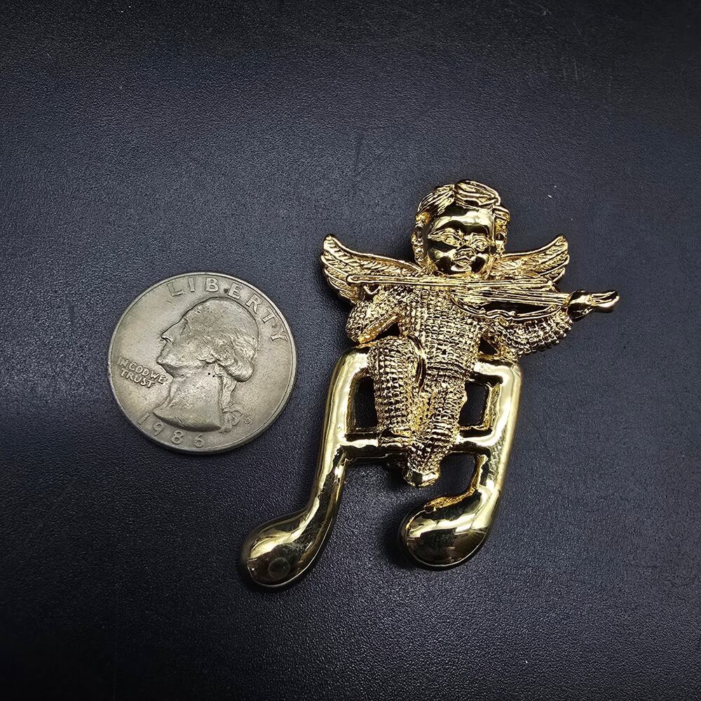 Gold Tone Cherub Angel Brooch Music Note Vintage Costume Jewelry